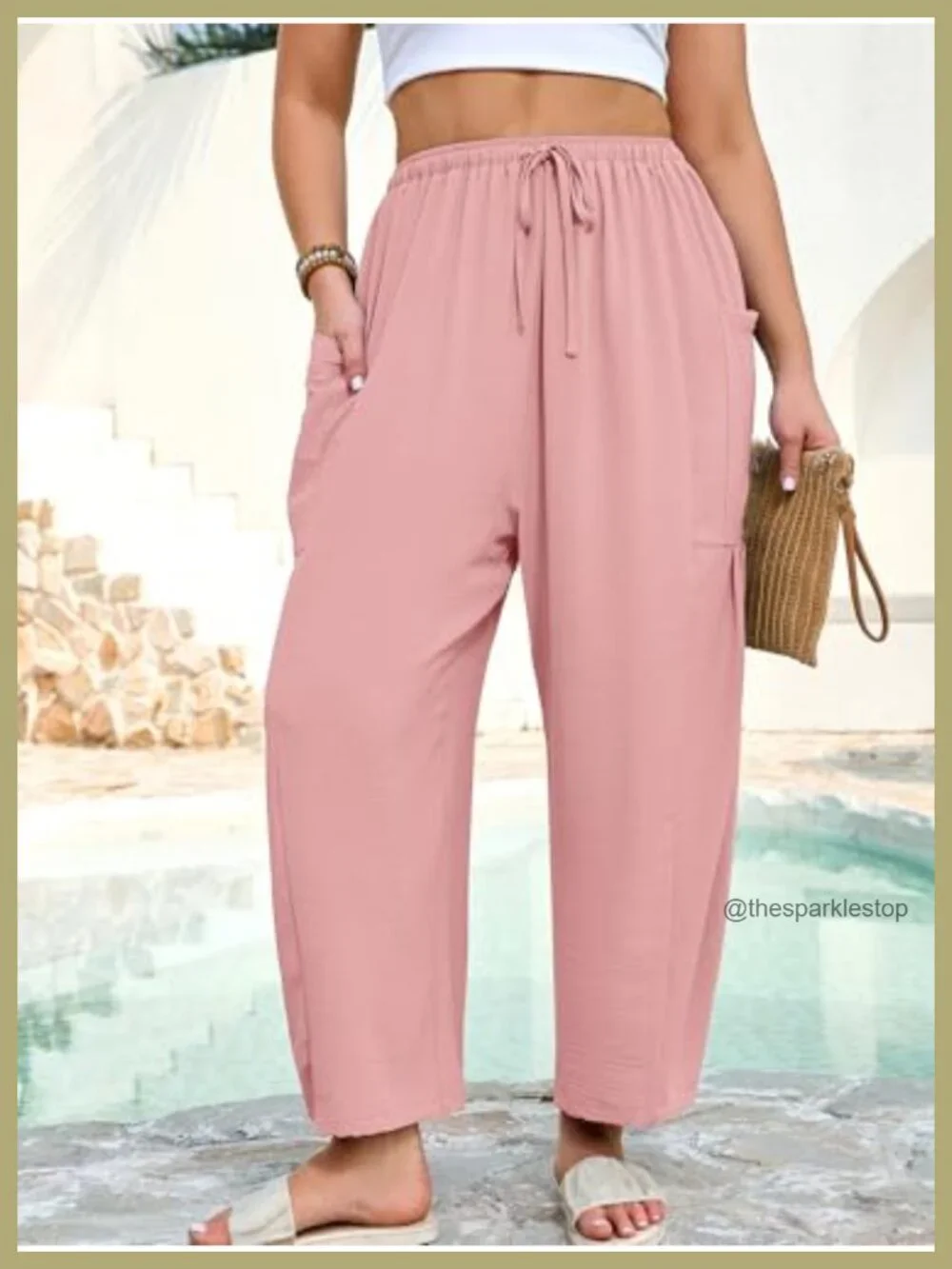 Plus Size Wide Leg Drawstring Pants with Pockets - Ankle Length Palazzo Trousers